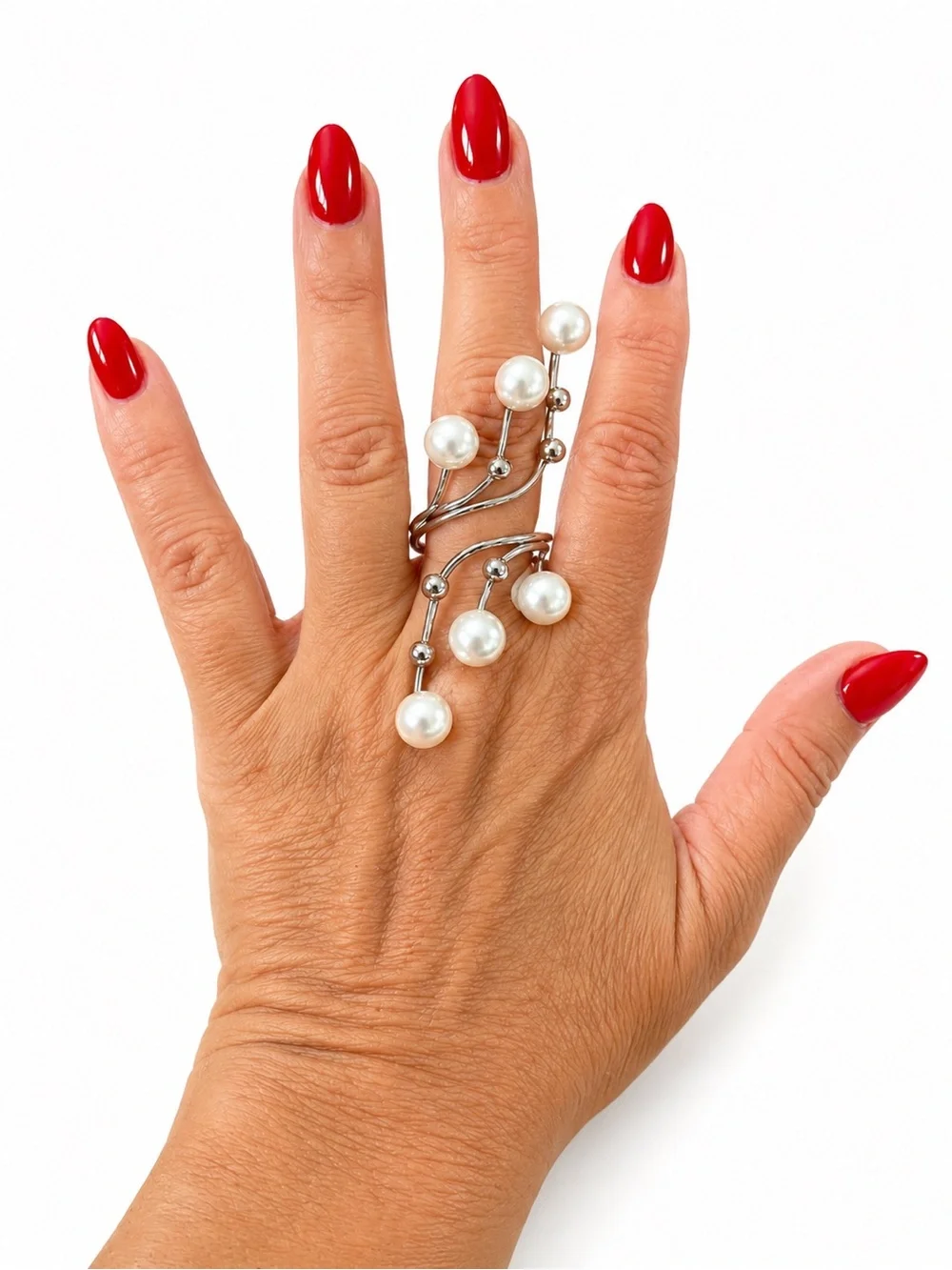 New Statement Pearl Wrap Ring – Silver‎ Tone Adjustable Fashion Ring